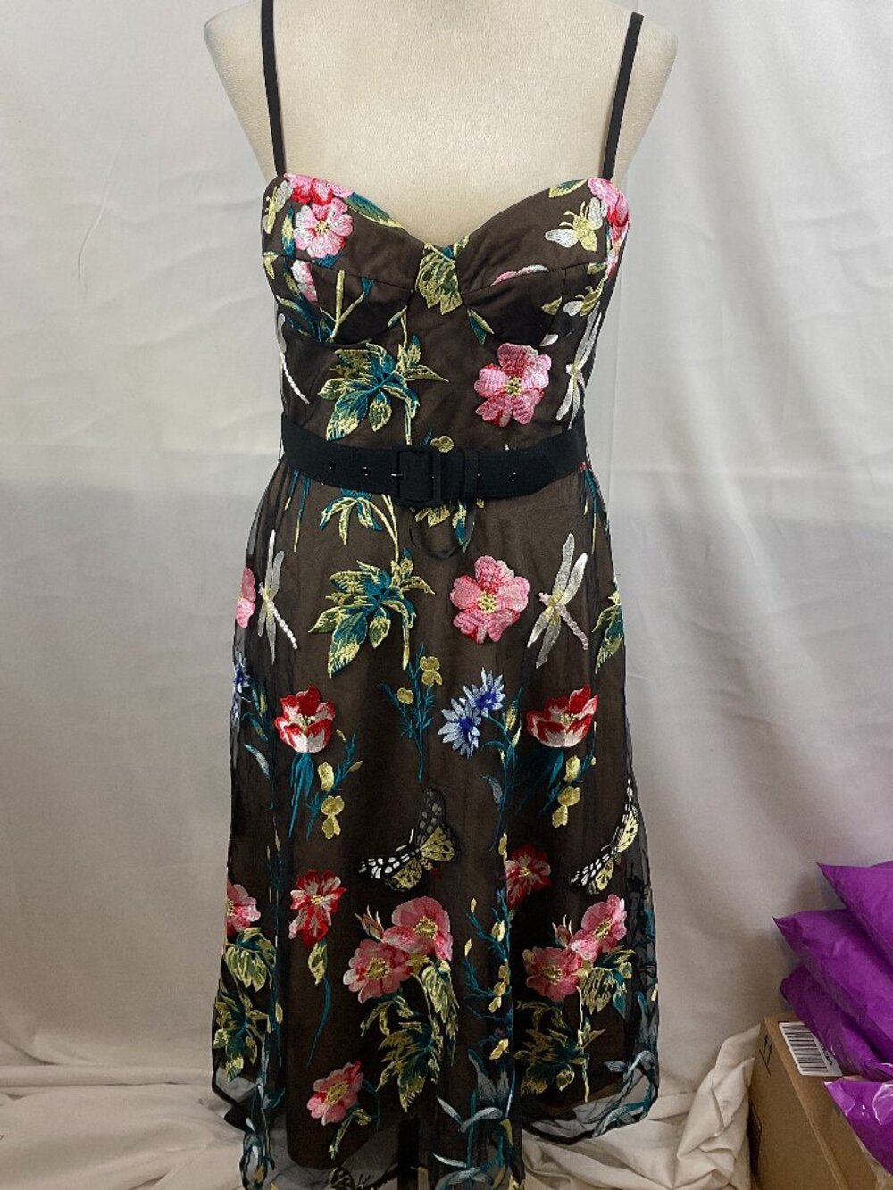 Dress the Population Dress M Black Beige Pink Green Blue Embroidered Overlay